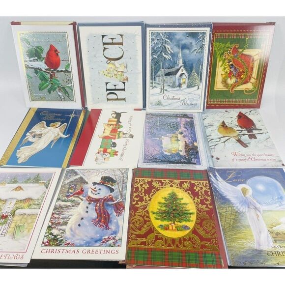 54 Christmas Holiday Cards Lot with Envelopes Mixed Theme Santa Religious Birds - Picture 2 of 3